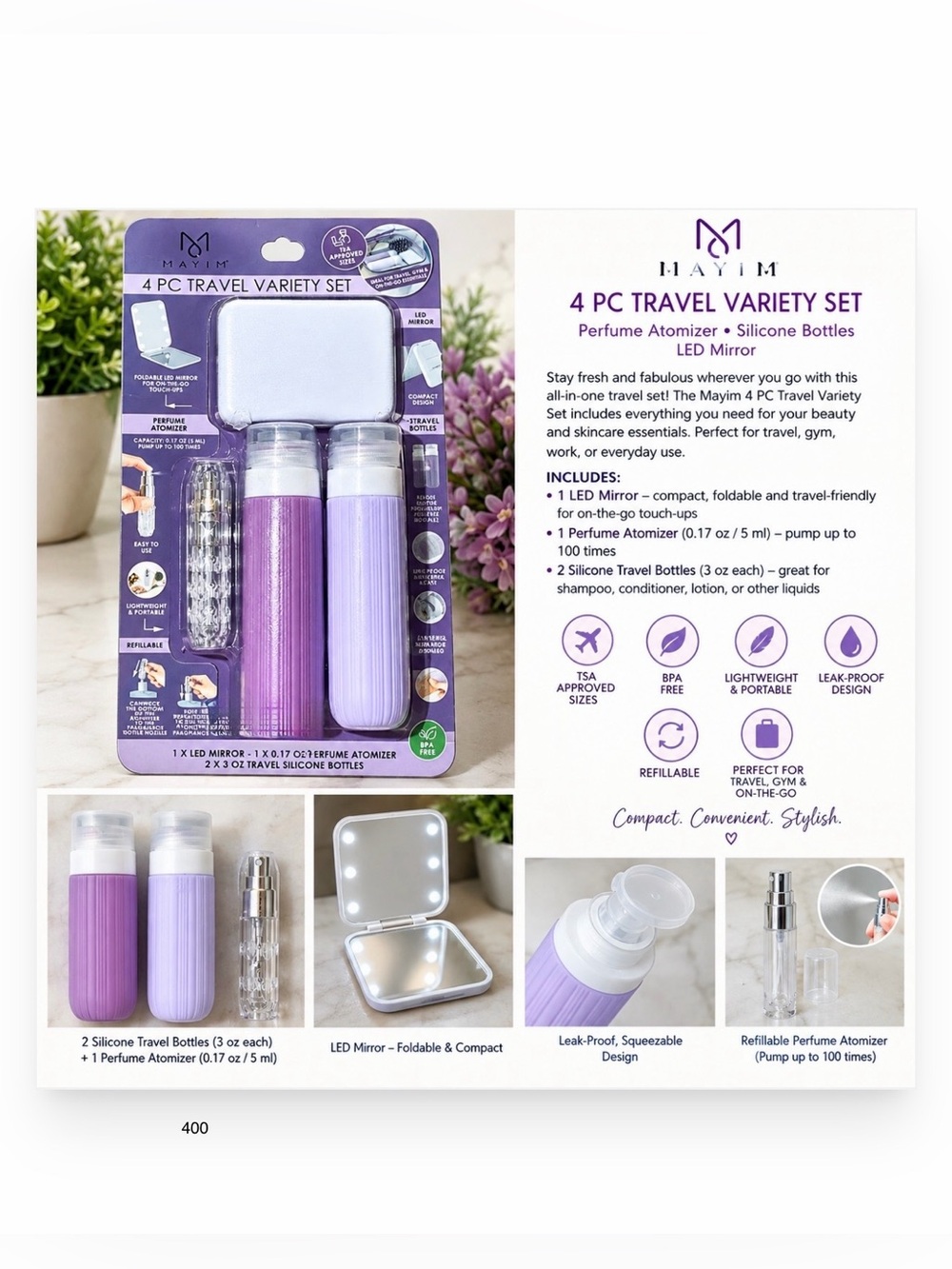 *new* MAYIM 4 PC Travel Set Perfume Atomizer Silicone Bottles Mirror